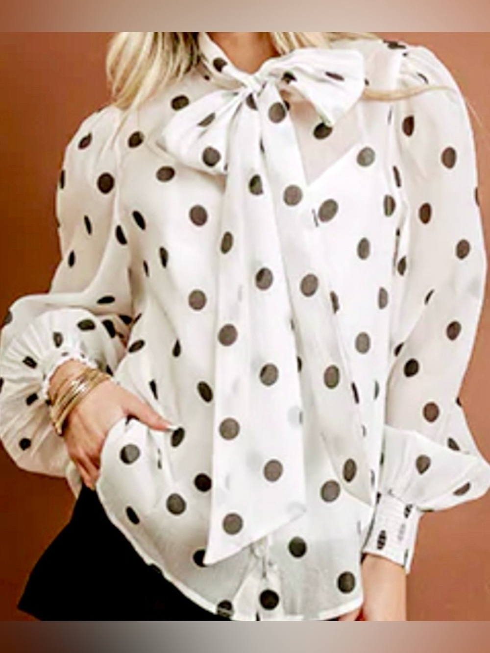 Flying Tomato Polka Dot Tie-Neck Blouse - White w/ Black Dots: Size S (NWOT)